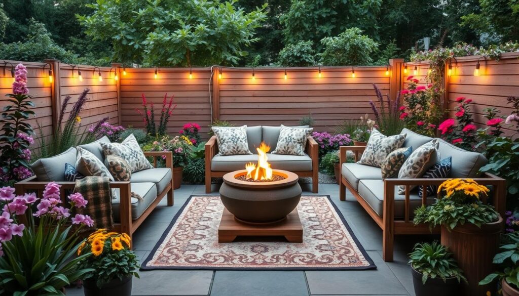 A serene outdoor living room featuring a cozy seating arrangement surrounded by lush greenery, colorful flowering plants, and ambient lighting. Include a stylish fire pit at the center, soft throw pillows, a wooden coffee table, and a decorative rug on natural stone tiles, all set in a tranquil garden setting that invites relaxation and connection with nature.