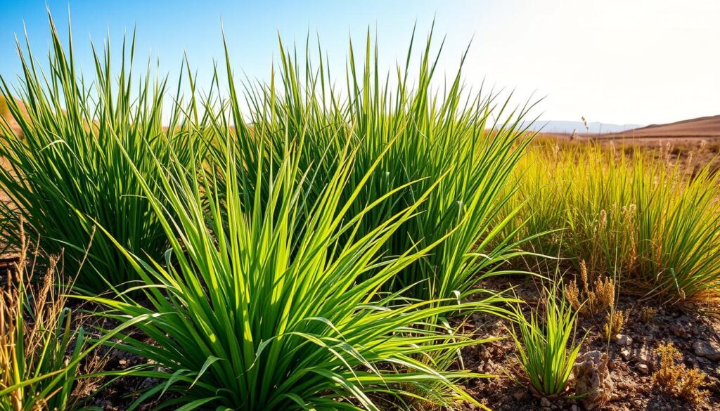 A vibrant landscape showcasing various drought-tolerant grass types, flourishing in a sunlit environment. The scene features lush, green blades of grass like Buffalo grass, Zoysia grass, and Bermuda grass, surrounded by arid soil and heat-affected plants. The sunlight casts warm tones over the grasses, highlighting their resilience against heat stress, with a backdrop of a clear blue sky and distant hills.