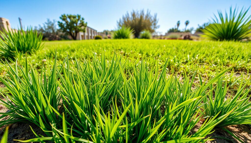 A vibrant, sunlit lawn in a hot climate featuring various drought-tolerant grass types, showcasing lush green blades and textures, with resilient roots visible beneath the surface, surrounded by desert flora and sandy soil, under a clear blue sky, emphasizing the beauty and sustainability of low-water landscaping.