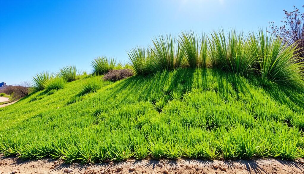 "Vibrant landscape featuring a rich, green heat-resistant turf under bright sunlight, showcasing various drought-tolerant grass types like Bermuda and Zoysia, alongside contrasting dry soil and sparse vegetation, with a clear blue sky in the background."