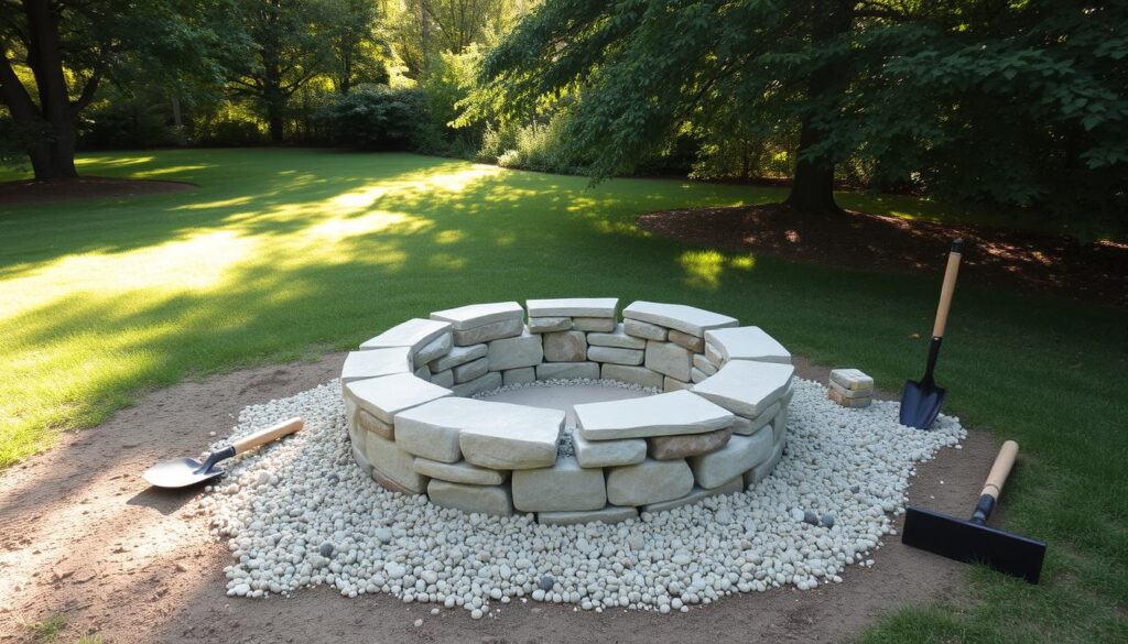 A serene backyard setting featuring a partially constructed DIY fire pit made of natural stone, surrounded by gravel, with tools like a shovel and rake nearby, lush green grass and trees in the background, warm sunlight filtering through the leaves, creating a cozy and inviting atmosphere.