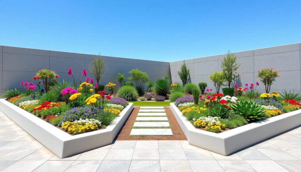 A vibrant geometric garden featuring angular flower beds, a modern stone pathway, and symmetrical plant arrangements, with a variety of colorful flowers and greenery, set against a clear blue sky, showcasing clean lines and contemporary design elements.