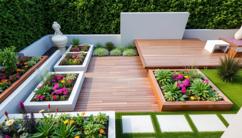 A serene geometric garden design featuring bold, symmetrical flower beds with vibrant plants, a minimalist wooden deck, sleek stone pathways, modern sculptures, and soft lighting, all set in a lush green backdrop, emphasizing clean lines and contemporary aesthetics.