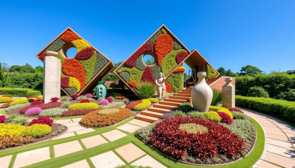 "An imaginative garden designed with geometric patterns, featuring vibrant plant arrangements, angular pathways, and modern sculptures, surrounded by lush greenery under a clear blue sky."