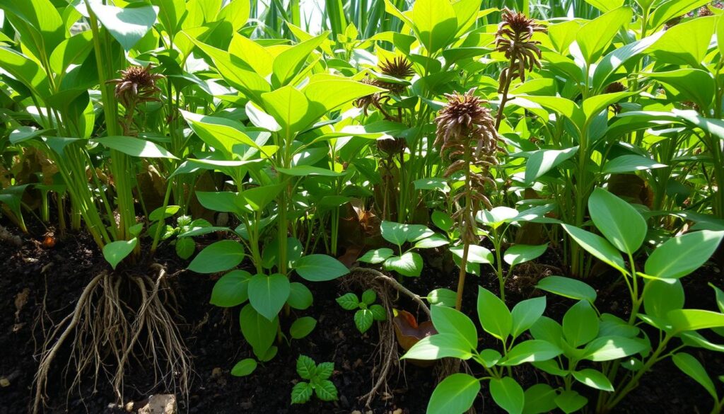 A lush landscape showcasing diverse native plants in a vibrant ecosystem, their roots deeply embedded in fertile soil, with carbon dioxide being absorbed from the atmosphere, sunlight filtering through leaves, and a sense of harmony between the flora and the surrounding environment.