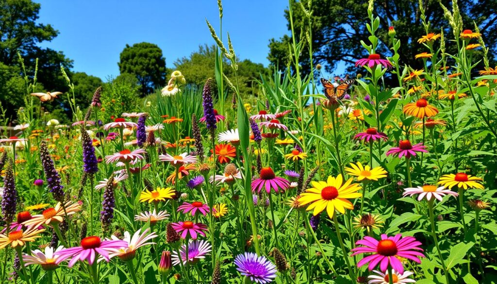 A vibrant garden filled with diverse native plants thriving in sunlight, showcasing various shapes and colors, surrounded by pollinators like bees and butterflies, with a background of a clear blue sky and healthy trees.