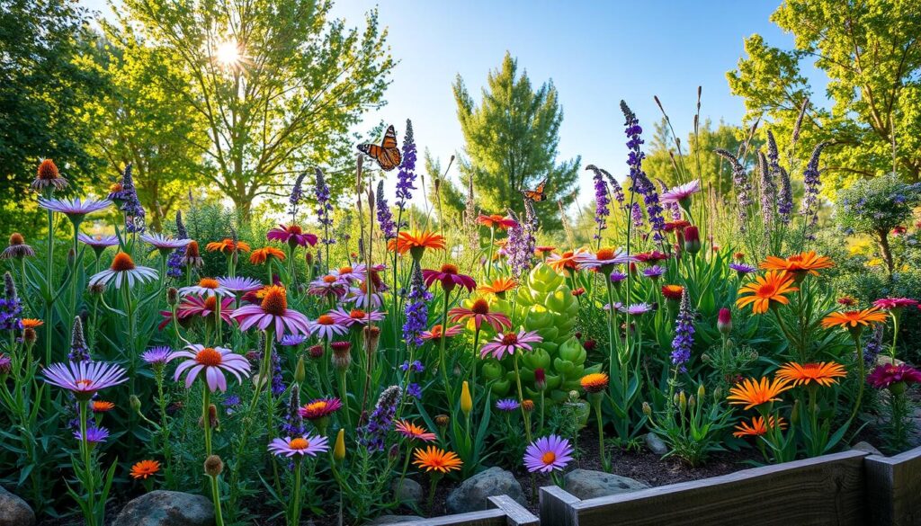 A vibrant garden filled with a variety of native plants and wildflowers, showcasing diverse colors and textures, surrounded by natural elements like rocks and wooden borders, with butterflies and bees pollinating the flowers, under a clear blue sky with soft sunlight filtering through lush green trees.