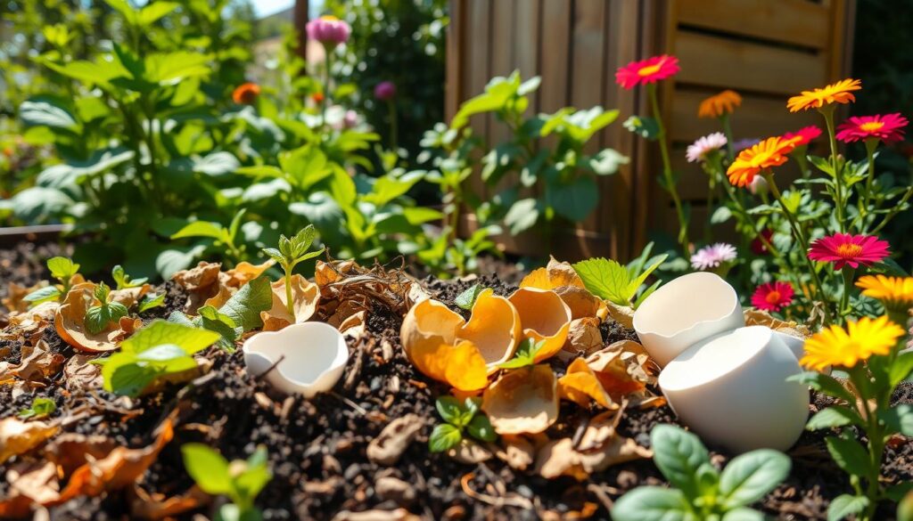 A vibrant, bustling garden scene showcasing various composting materials such as vegetable scraps, coffee grounds, dried leaves, and eggshells, surrounded by lush green plants and colorful flowers, with a wooden compost bin in the background, under bright sunlight.