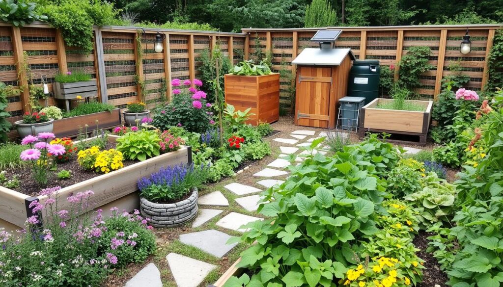 A vibrant zero-waste garden showcasing diverse native plants and flowers, raised beds made from reclaimed wood, a compost area with lush vegetables, solar-powered garden lights, rainwater collection barrels, and a butterfly garden, all set against a backdrop of natural stone pathways and greenery.