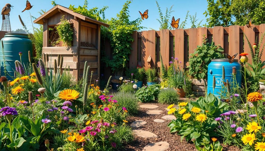 A vibrant and lush zero-waste garden scene, featuring a variety of native plants, compost bins made from reclaimed wood, rainwater collection barrels, and a diverse array of pollinator-friendly flowers. Incorporate a vegetable patch with companion planting techniques, and pathways made from natural stones or wood chips. Show evidence of sustainable practices like upcycled garden decor and birdhouses, with butterflies and bees buzzing around, all under a bright blue sky.