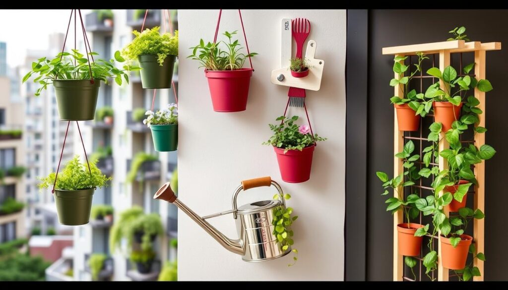 A vibrant collection of urban vertical gardening tools, including hanging planters, wall-mounted pots filled with greenery, a stylish watering can, and a compact trellis, all set against a backdrop of a modern cityscape with balconies adorned with plants.