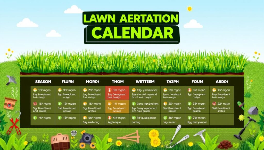 A beautifully illustrated lawn aeration calendar, showcasing different seasons with vibrant green grass, highlighted months for optimal aeration, and visual cues like weather symbols, tools like aerators and spikes, surrounded by lush garden elements, all in a clean, detailed infographic style.