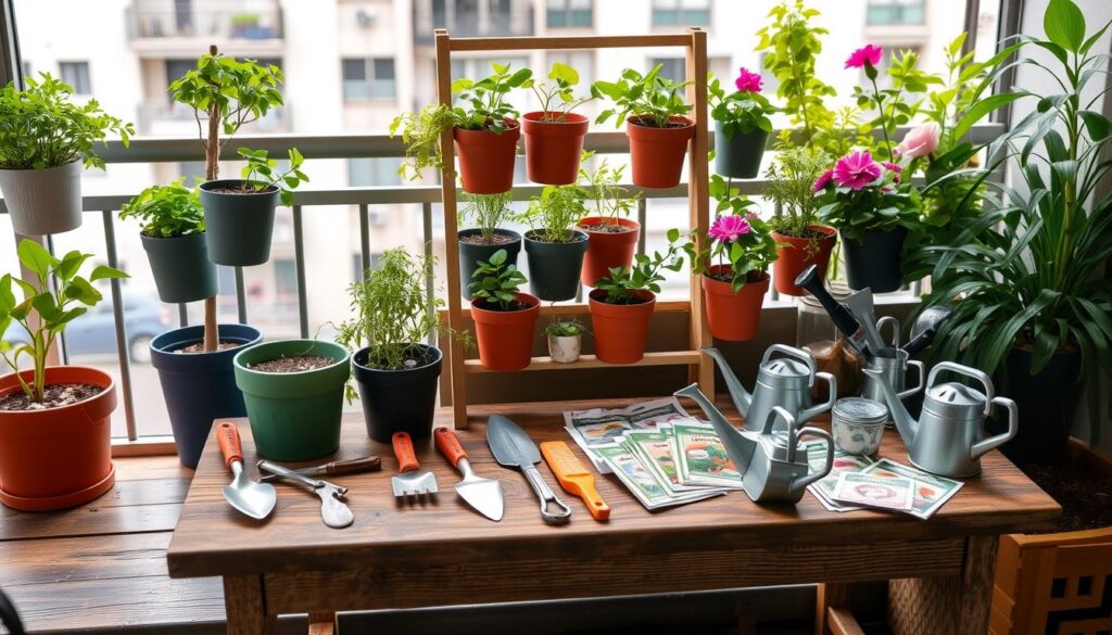 A collection of essential urban gardening tools arranged artistically on a wooden table, featuring vertical planters, hanging pots, a vertical garden frame, small trowels, watering cans, plant labels, and colorful seed packets, with a backdrop of an urban apartment balcony adorned with lush green plants and flowers.