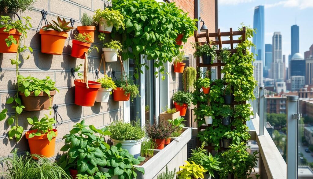 A vibrant urban balcony filled with a variety of vertical gardening tools, including wall planters, hanging pots, trellises, and a vertical garden system, surrounded by lush green plants and herbs, set against a city skyline in the background, showcasing the harmony of nature and urban living.