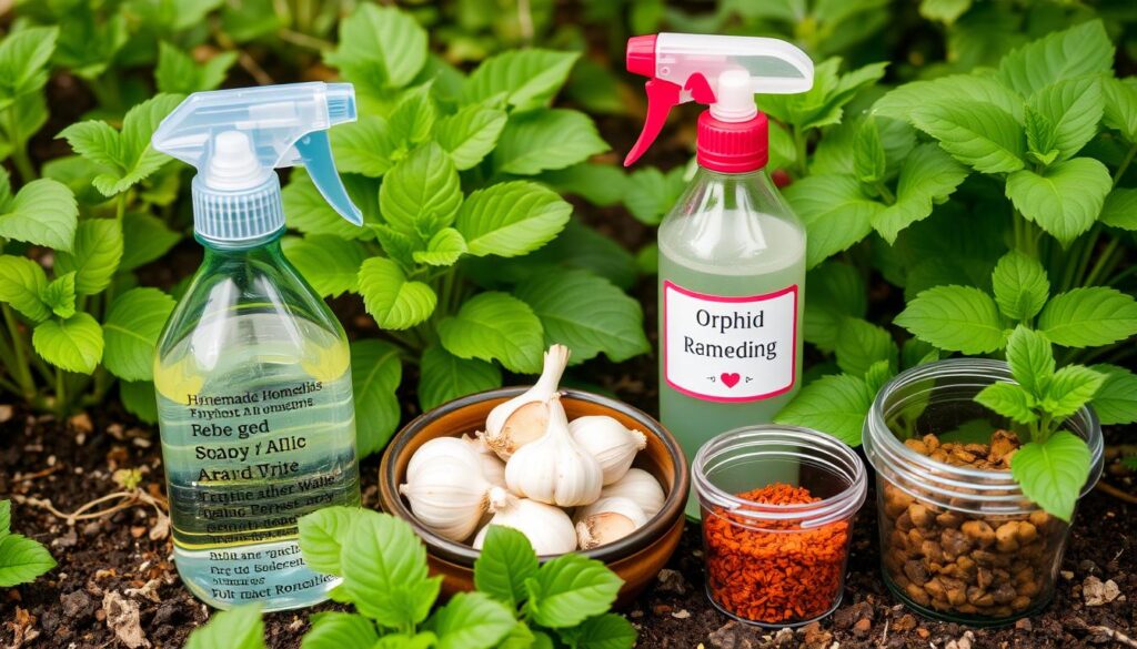 A vibrant garden scene showcasing various homemade aphid remedies, including a spray bottle filled with soapy water, a bowl of garlic cloves, and a container of crushed red pepper flakes, surrounded by flourishing green plants, emphasizing organic gardening methods.