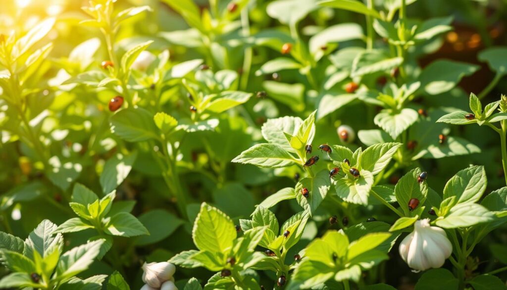 A vibrant garden scene featuring lush green plants surrounded by beneficial insects like ladybugs and lacewings, with natural aphid remedies such as garlic, neem leaves, and soapy water in the foreground, illustrating a harmonious ecosystem free from chemical pesticides. Soft sunlight illuminating the plants, creating a peaceful and thriving environment.