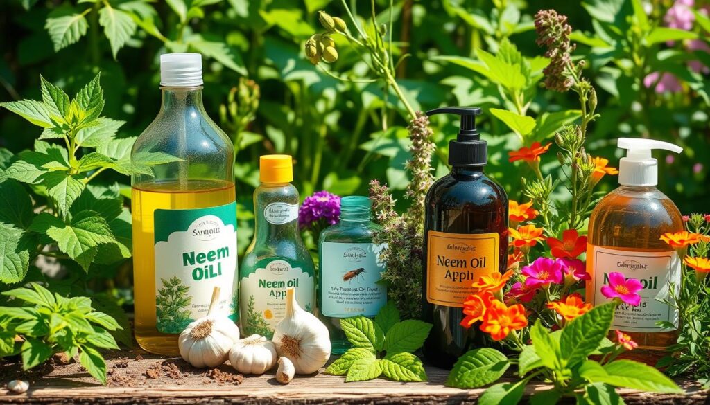 A vibrant garden scene featuring various natural aphid remedies, such as neem oil bottles, garlic cloves, and soap solutions, surrounded by lush green plants and colorful flowering herbs, sunlight filtering through leaves, creating a serene and organic atmosphere.