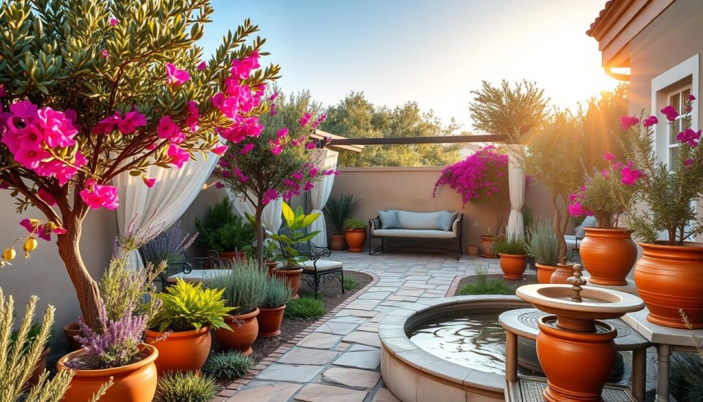 A sunlit backyard filled with vibrant terracotta pots, overflowing with olive trees, lavender, and bright bougainvillea; a cozy seating area with wrought iron furniture, under a pergola draped in sheer white fabric; pathways lined with rustic stone tiles and surrounded by lush Mediterranean herbs like rosemary and thyme; a soothing water feature resembling a small fountain, all set against a backdrop of a clear blue sky and the warm glow of golden hour.