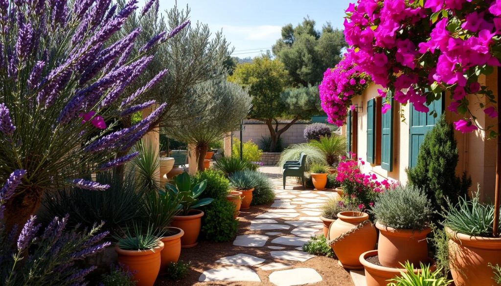 A vibrant Mediterranean backyard filled with lush lavender, olive trees, and colorful bougainvillea, terracotta pots overflowing with herbs like rosemary and thyme, a stone pathway winding through the garden, sunlight casting warm shadows, a hint of a blue sky above, creating a serene and inviting outdoor atmosphere.