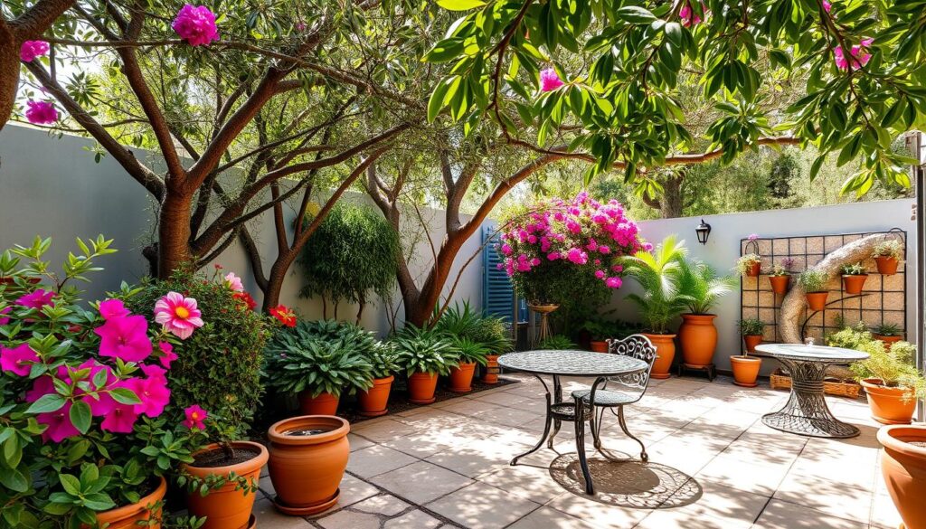 Lush backyard with vibrant Mediterranean plants, olive trees, colorful bougainvillea, terracotta pots, stone pathways, a cozy outdoor seating area with a wrought iron table and chairs, sun-drenched tile patio, soft blue accents, gentle sunlight filtering through leafy branches, serene water feature or small fountain, artistic mosaics, inviting atmosphere.