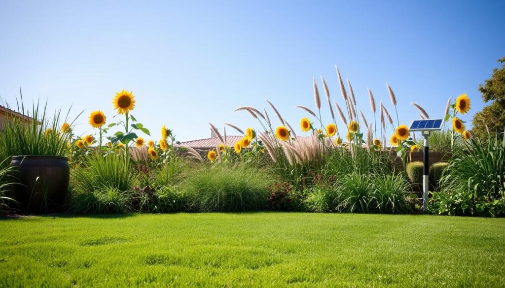 A serene landscape featuring a lush, drought-resistant lawn with various water-saving techniques. Include native plants, a rain barrel for irrigation, efficient drip watering systems, and solar-powered garden lights. Showcase a diverse range of grass types that thrive in low water conditions, with sunflowers and ornamental grasses in the background under a clear blue sky. Emphasize a thriving eco-friendly garden with minimal maintenance elements.