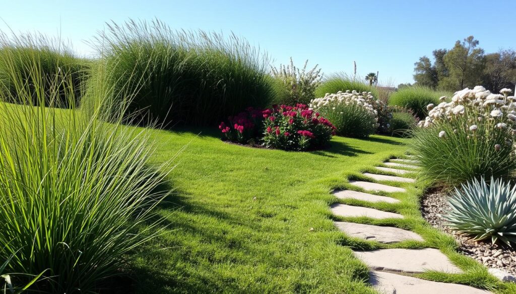 A serene landscape showcasing a lush, low-maintenance lawn with drought-resistant plants, featuring various shades of green grass, strategically placed native flowering plants, and a gentle pathway made of natural stone. Sunlight casts soft shadows, highlighting the drought-tolerant textures and colors, with a clear blue sky in the background.