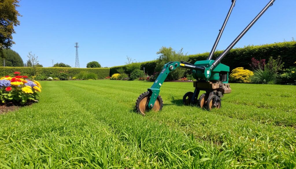 Aerial view of a lush green lawn being aerated, showcasing a lawn aerator machine puncturing the soil, with visible holes in the grass, surrounded by healthy plants and a vibrant garden landscape under a clear blue sky.