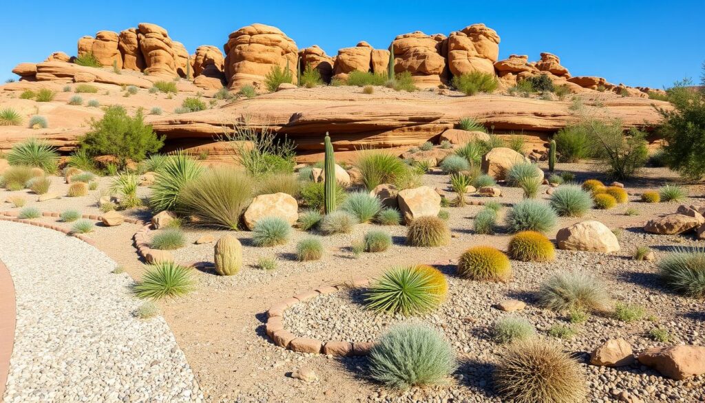 "An expansive xeriscape garden featuring drought-resistant plants, layered rock formations, decorative gravel pathways, and strategically placed native flora, all designed for optimal water conservation under a bright blue sky."