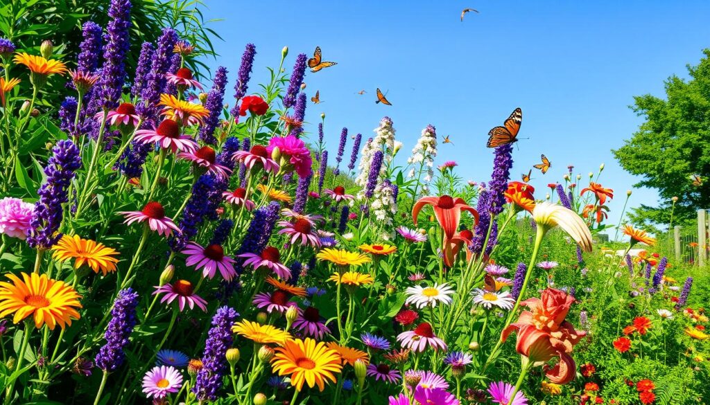 A vibrant perennial garden filled with an array of colorful blooms, showcasing flowers such as lavender, echinacea, and daylilies in full bloom, interspersed with lush green foliage, butterflies fluttering around, and a bright blue sky overhead, capturing the essence of year-round beauty and diversity in plant life.