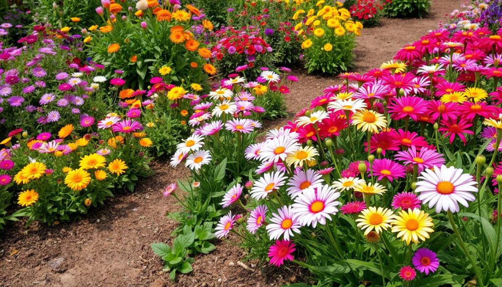 A vibrant garden filled with a variety of perennial flowers in full bloom, showcasing a rich palette of colors including deep purples, bright pinks, sunny yellows, and lush greens. The scene captures the essence of different seasons, with some plants blooming while others show signs of seasonal transitions. Include textures of foliage and soil, with an inviting pathway winding through the garden, inviting viewers to immerse themselves in the beauty of long-lasting color.