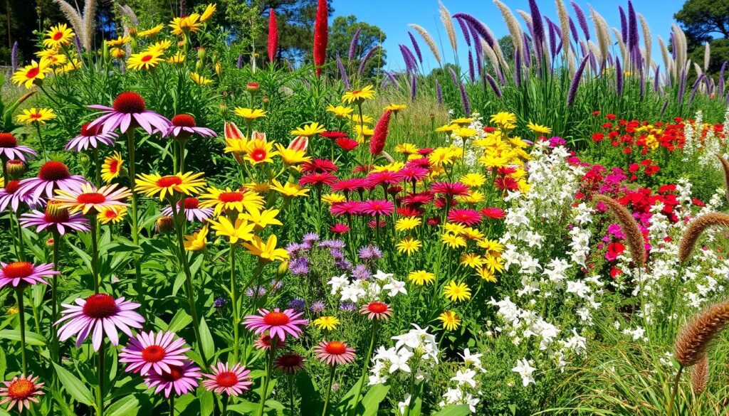 A vibrant garden filled with a diverse array of perennials showcasing year-round colors, including blooming purple coneflowers, bright yellow daylilies, deep red asters, and delicate white phlox, surrounded by lush green foliage and colorful ornamental grasses under a clear blue sky.