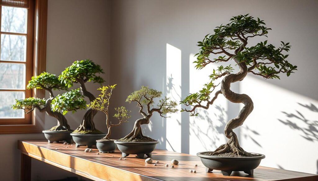 A serene indoor setting showcasing a collection of rare bonsai trees, meticulously shaped and styled, displayed on a wooden shelf near a sunlit window. Each bonsai features unique foliage and intricate trunk designs, surrounded by small decorative stones and a light mist of humidity in the air. Soft shadows dance on the walls, creating a tranquil atmosphere.