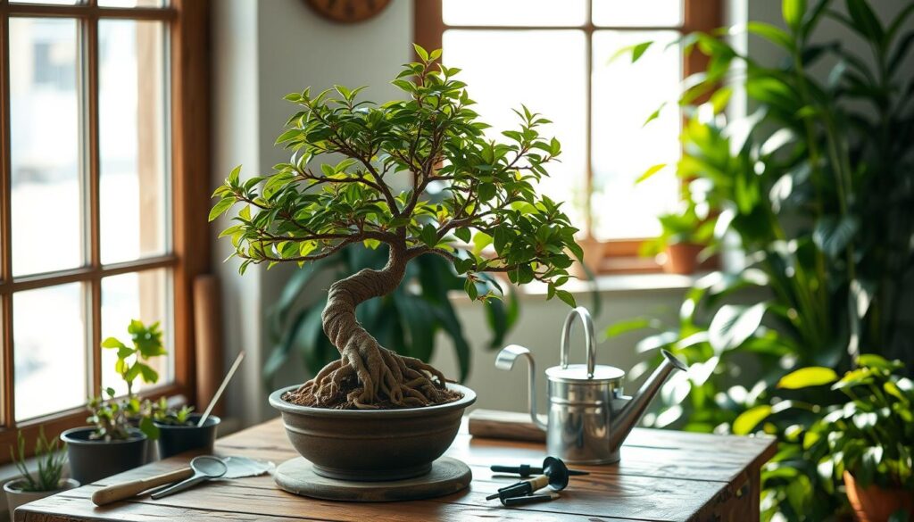 A serene indoor scene featuring a rare bonsai tree on a wooden table, surrounded by gardening tools and a watering can, soft sunlight streaming through a nearby window, showcasing delicate leaves and intricate roots, with a backdrop of calming green plants.