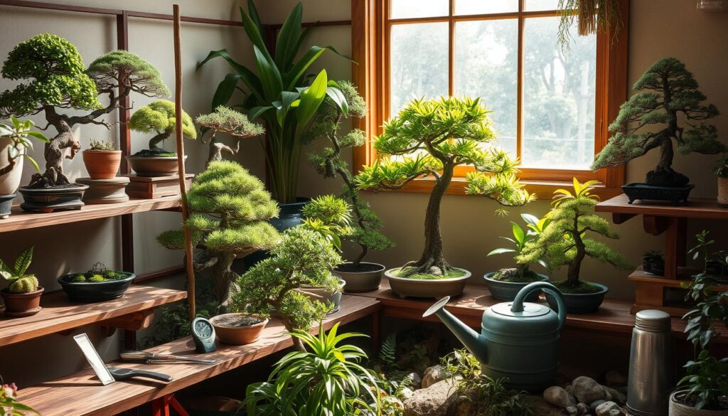 A serene indoor environment showcasing a variety of rare bonsai trees in elegant pots, nestled on wooden shelves. Soft natural light filters through a window, illuminating the intricate details of the foliage and trunks. Include elements like gardening tools, moisture meters, and a watering can arranged nearby, surrounded by lush greenery and decorative stones. The overall atmosphere is calming and harmonious, emphasizing the art of indoor bonsai cultivation.