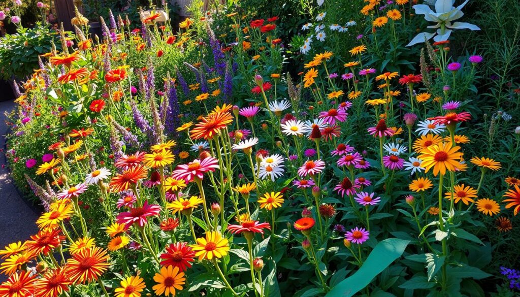 A lush garden filled with a vibrant array of native flowering plants, attracting various pollinators like bees, butterflies, and hummingbirds, showcasing diverse colors and textures, bathed in warm sunlight, surrounded by greenery and natural elements, creating a peaceful and inviting atmosphere.