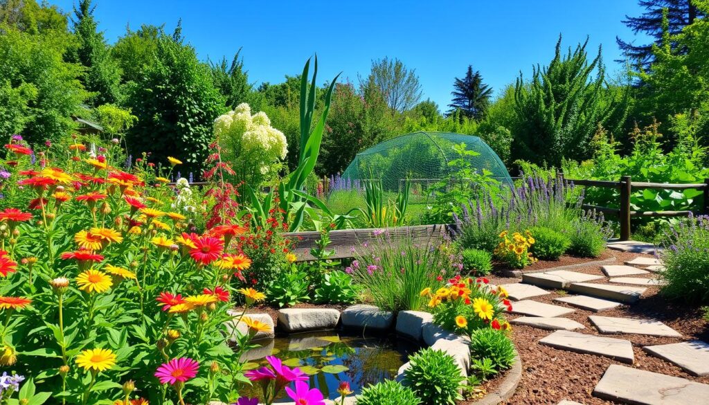 A vibrant garden filled with a variety of native flowering plants, rich in colors and textures, attracting diverse pollinators like bees, butterflies, and hummingbirds, with elements such as a small pond for water, rustic wooden borders, and natural stone pathways weaving through lush greenery under a bright blue sky.