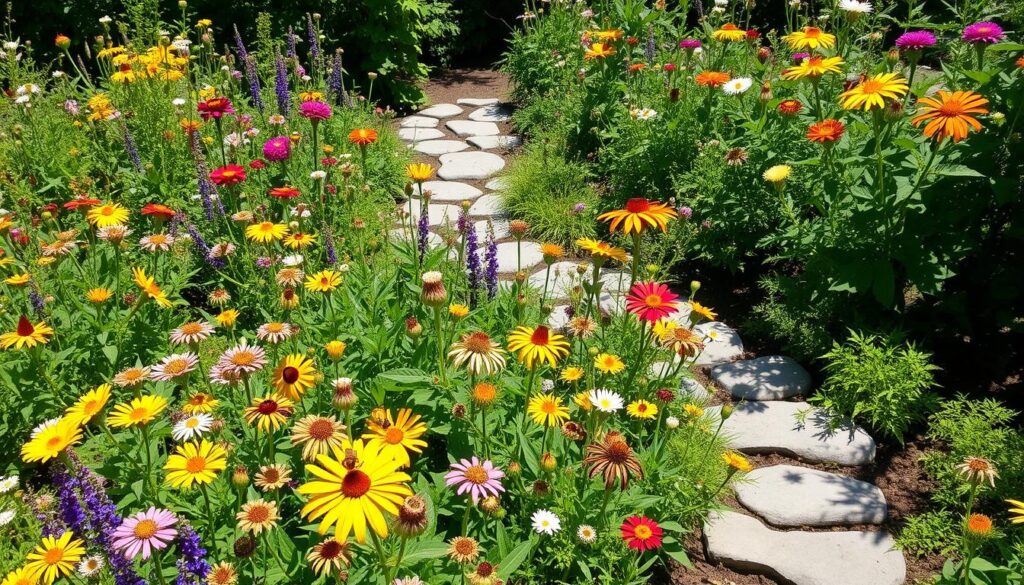 A vibrant pollinator garden filled with a diverse array of native flowering plants, showcasing a variety of colors and textures, buzzing bees and fluttering butterflies among the blooms, a sunny day with lush greenery surrounding the garden, pathways made of natural stones winding through the plants, habitat features like a small water source and nesting areas for pollinators.