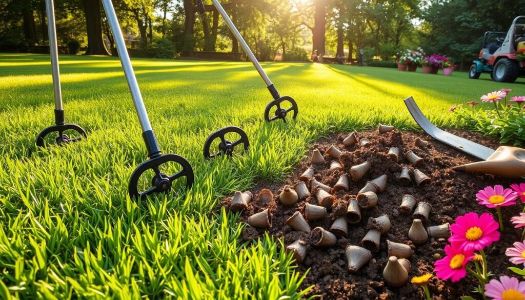 A lush green lawn being aerated with various techniques, including a core aerator, spike aerator, and manual aerator tool. Sunlight filtering through trees in the background, highlighting the texture of the grass and soil. Close-up of soil plugs being removed from the ground, demonstrating effective aeration, surrounded by vibrant flowers and garden tools nearby.