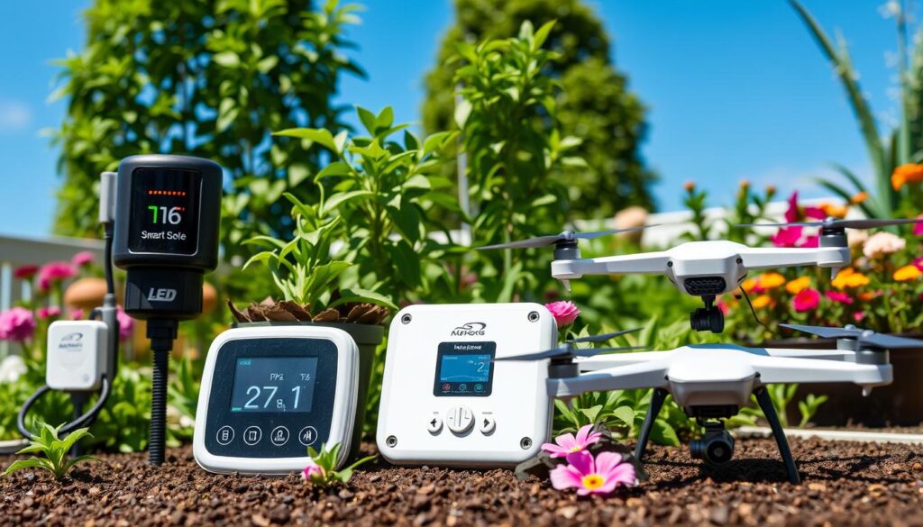 "An array of innovative smart gardening devices arranged aesthetically in a modern garden setting: a high-tech soil moisture sensor, a smart plant care system with LED indicators, a weather-resistant smart irrigation controller, and a sleek garden monitoring drone, surrounded by vibrant plants and flowers under clear blue skies."