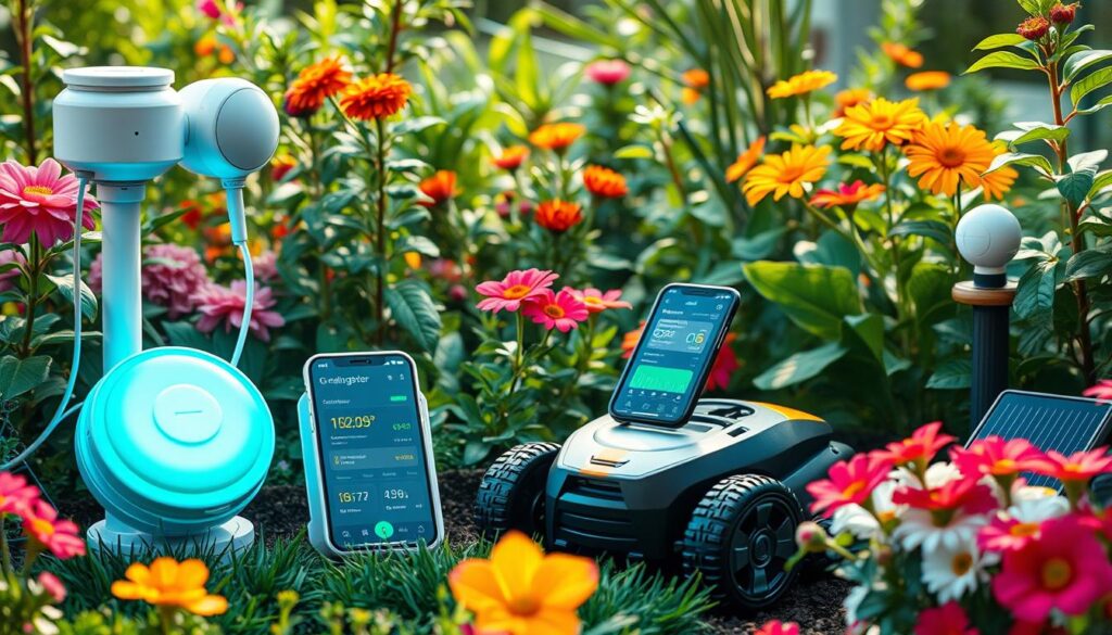 A modern garden scene showcasing an array of smart gadgets for precision gardening, including a high-tech soil moisture sensor, an automated irrigation system with sleek design, a smartphone app interface displaying garden data, a robotic lawn mower, and solar-powered plant sensors, surrounded by vibrant flowers and lush greenery, with futuristic aesthetics and soft natural lighting.