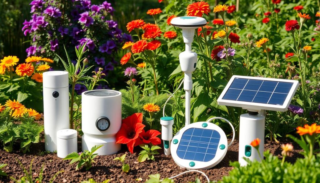 A collection of innovative smart gardening tools designed for efficient watering solutions, featuring automated irrigation systems, moisture sensors, and solar-powered drip irrigation devices, set in a lush garden environment with vibrant plants and flowers, showcasing technology seamlessly integrated into nature.