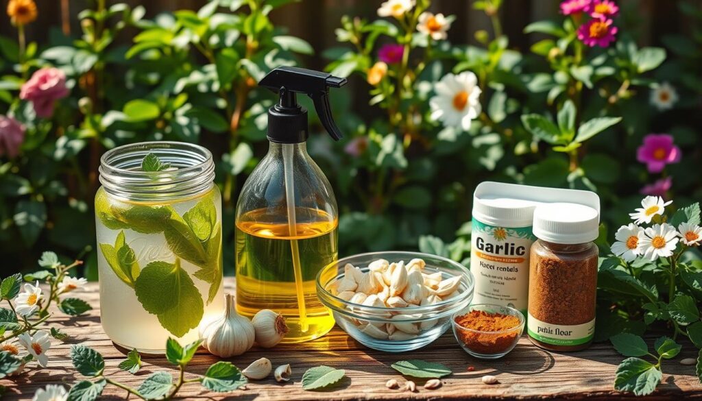 A serene garden scene showcasing various homemade aphid remedies: a clear jar of soapy water with mint leaves, a spray bottle filled with neem oil, a bowl of crushed garlic cloves, and a container of chili powder, all arranged on a rustic wooden table surrounded by vibrant green plants and blooming flowers, with soft sunlight filtering through the leaves.