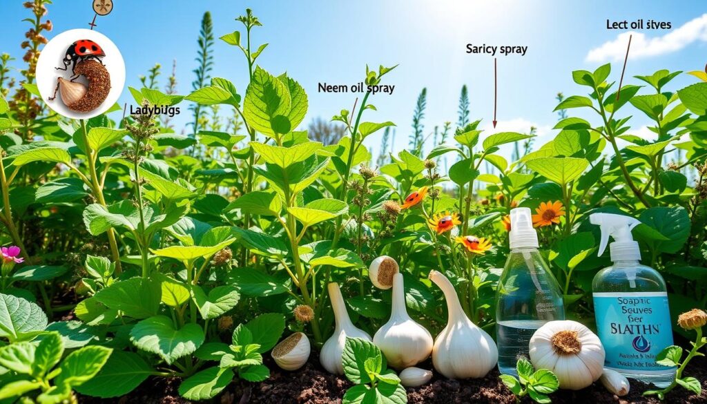 A vibrant garden scene featuring various plants with visible aphids, surrounded by natural solutions for control, including ladybugs, neem oil spray, garlic cloves, and soapy water bottles. The composition showcases healthy plants thriving alongside these natural pest control methods, set against a sunny backdrop with a clear blue sky.