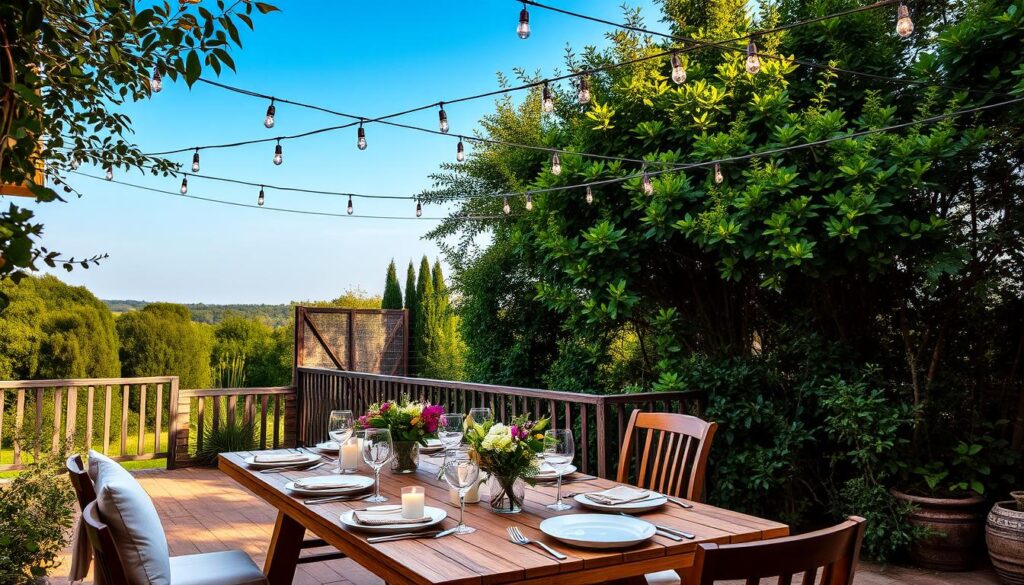 A serene outdoor dining space surrounded by lush greenery, featuring a rustic wooden table set with elegant tableware, adorned with wildflowers and candles, softly illuminated by string lights overhead, creating a warm and inviting atmosphere under a clear blue sky.