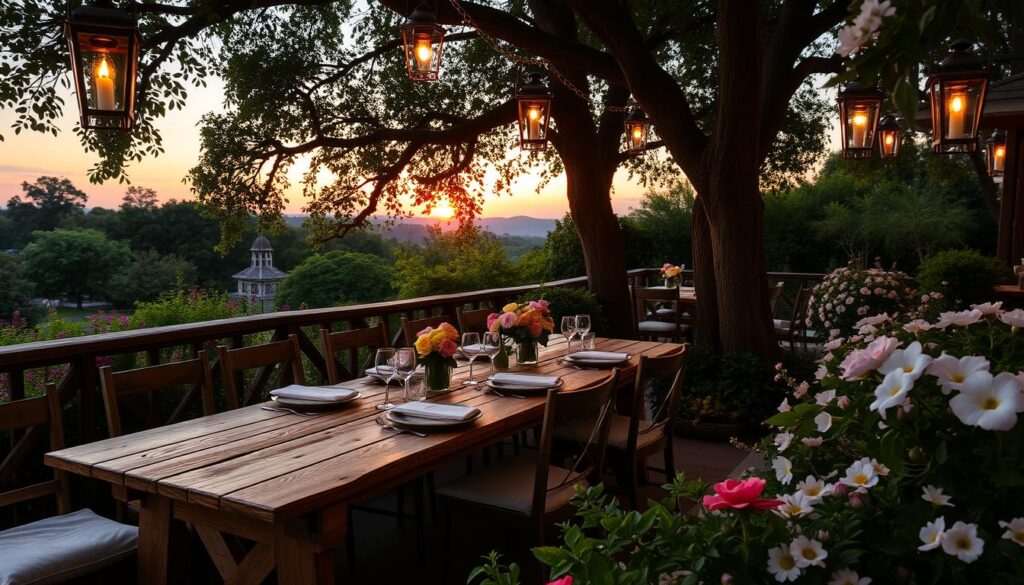 A serene outdoor dining space, featuring a rustic wooden table set with comfortable cushions, surrounded by lush greenery and blooming flowers, soft ambient lighting from lanterns hanging in trees, a gentle breeze rustling leaves, and a picturesque sunset in the background.