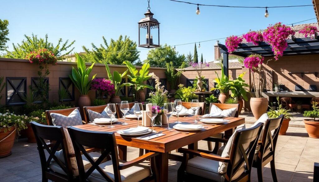 A beautifully arranged patio dining space, featuring a rustic wooden table surrounded by comfortable, cushioned chairs, adorned with elegant tableware, soft lighting from hanging lanterns, vibrant potted plants, and natural greenery creating a serene and inviting atmosphere, all set under a clear blue sky.