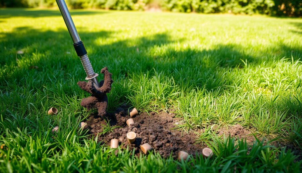 A vibrant lawn being aerated by a garden tool, showcasing soil plugs being removed, scattered grass, and a lush green background. The scene captures the dynamic action of aeration with visible patterns in the lawn, illustrating different sections of varying grass density indicating the frequency of aeration practices. Sunlight filters through the trees, casting soft shadows on the freshly aerated ground.