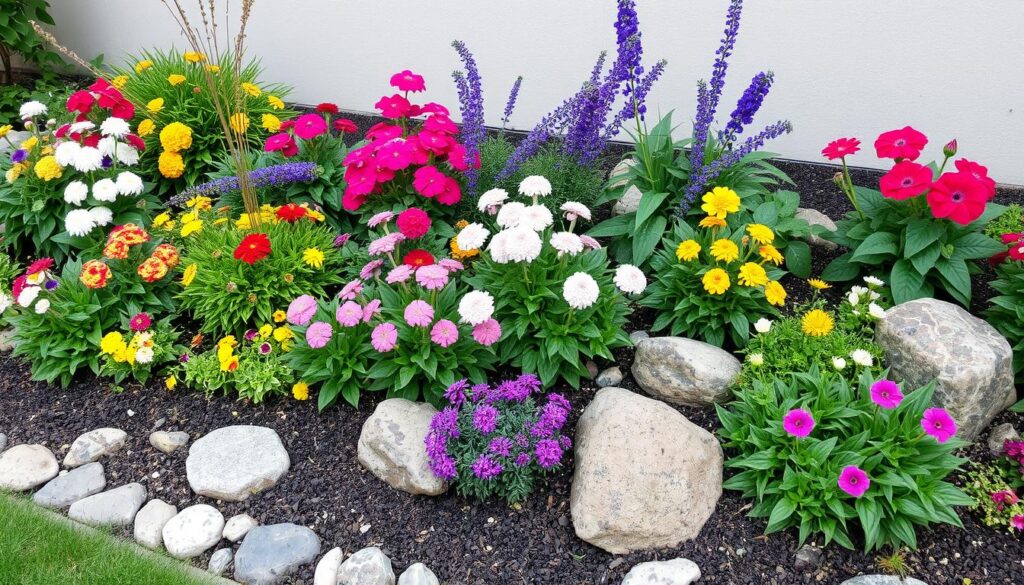 "Beautifully landscaped garden borders featuring a mix of colorful flowers, lush greenery, and decorative stones, creating a stylish and inviting outdoor space with diverse textures and shapes."