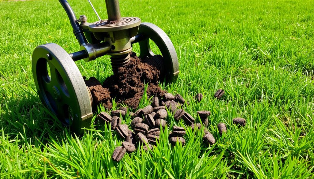 A vibrant green lawn being aerated, showcasing a lawn aerator tool in action, with soil plugs being extracted and scattered across the grass, surrounded by a sunny garden setting, detailed textures of grass and soil, fresh air and light clouds in the background.