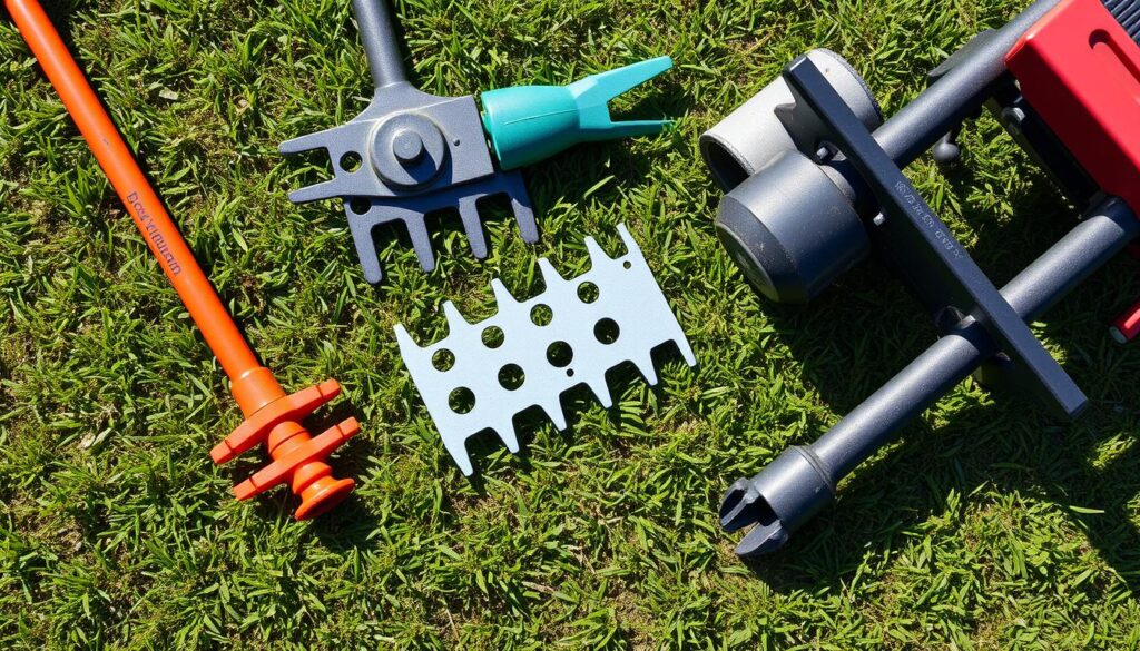 A flat lay composition of various lawn aerating tools, including a spike aerator, core aerator, and a rolling aerator, arranged on a grassy surface. The tools should be depicted in detail, showcasing their design features, such as spikes and hollow tines. Natural sunlight illuminating the scene to enhance the textures of the tools and grass.